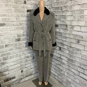 Vintage Pant Suit Tweed Herringbone Faux Fur Collar Blazer High Rise 2 Piece Set